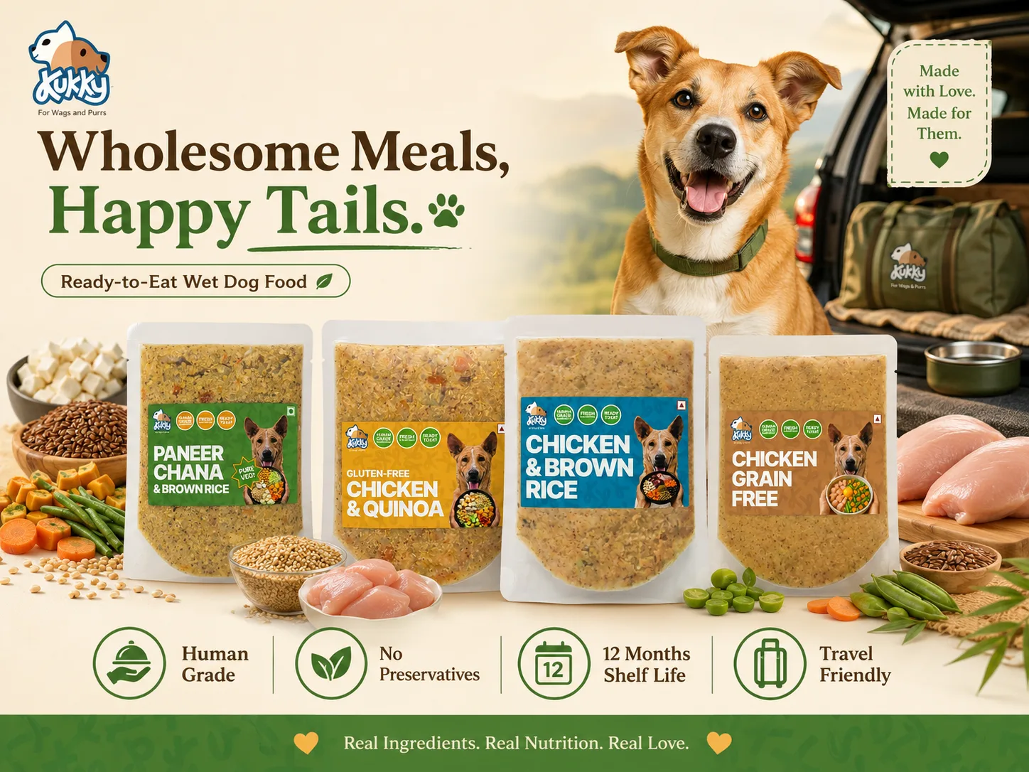 Kukky trust infographic — human-grade, zero preservatives, 18 month shelf life