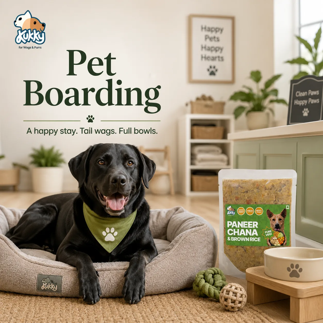 Labelled dog meal pouches for pet boarding