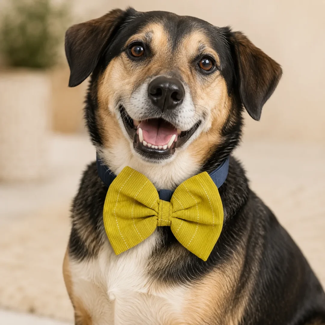 Mustard Dotted Stripe Handmade Cotton Dog Bow