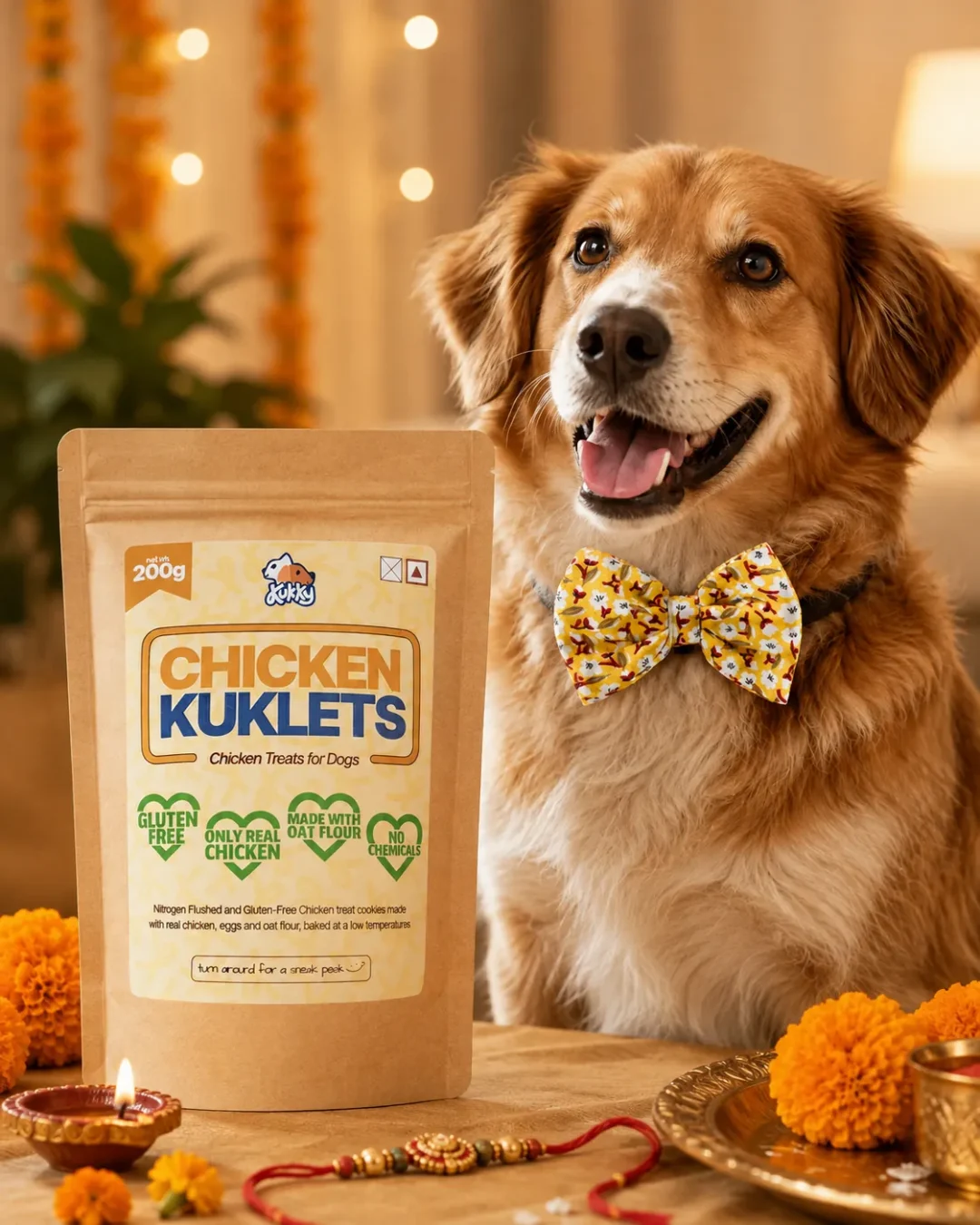 Festive Chicken Kuklets and Yellow Floral Dog Bow